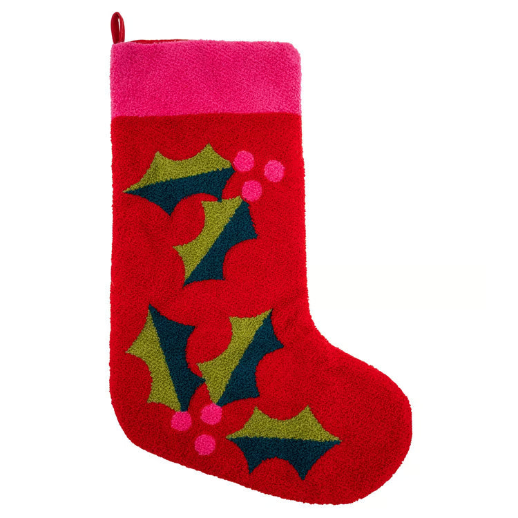 Retro Holly Embroidered Stocking