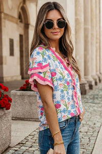Floral Print Ruffled Trim V Neck Blouse