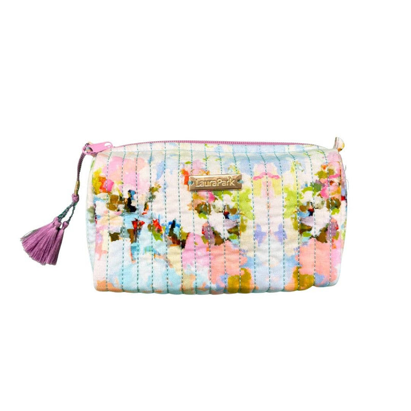 Multicolored floral-patterned pouch with a tassel on a white background
