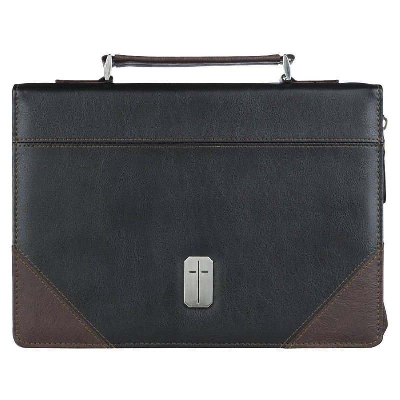 Black leather briefcase with brown accents and a silver cross emblem on a white background