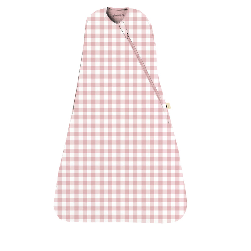 Pink and white checkered baby swaddle on a white background
