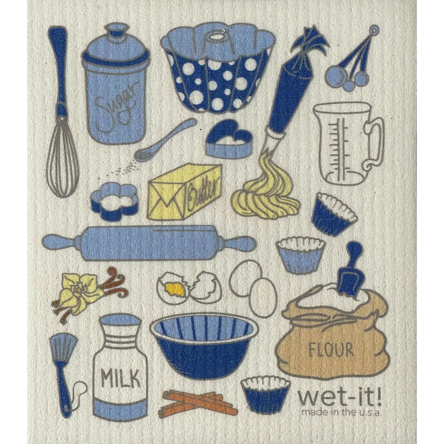 Embroidered kitchen-themed towel with various cooking utensils and ingredients.