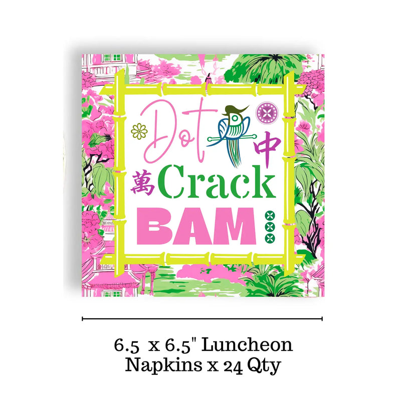 Packaging of luncheon napkins with colorful design and text on a white background