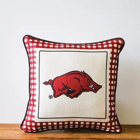 Arkansas Gingham Mascot Piped Pillow