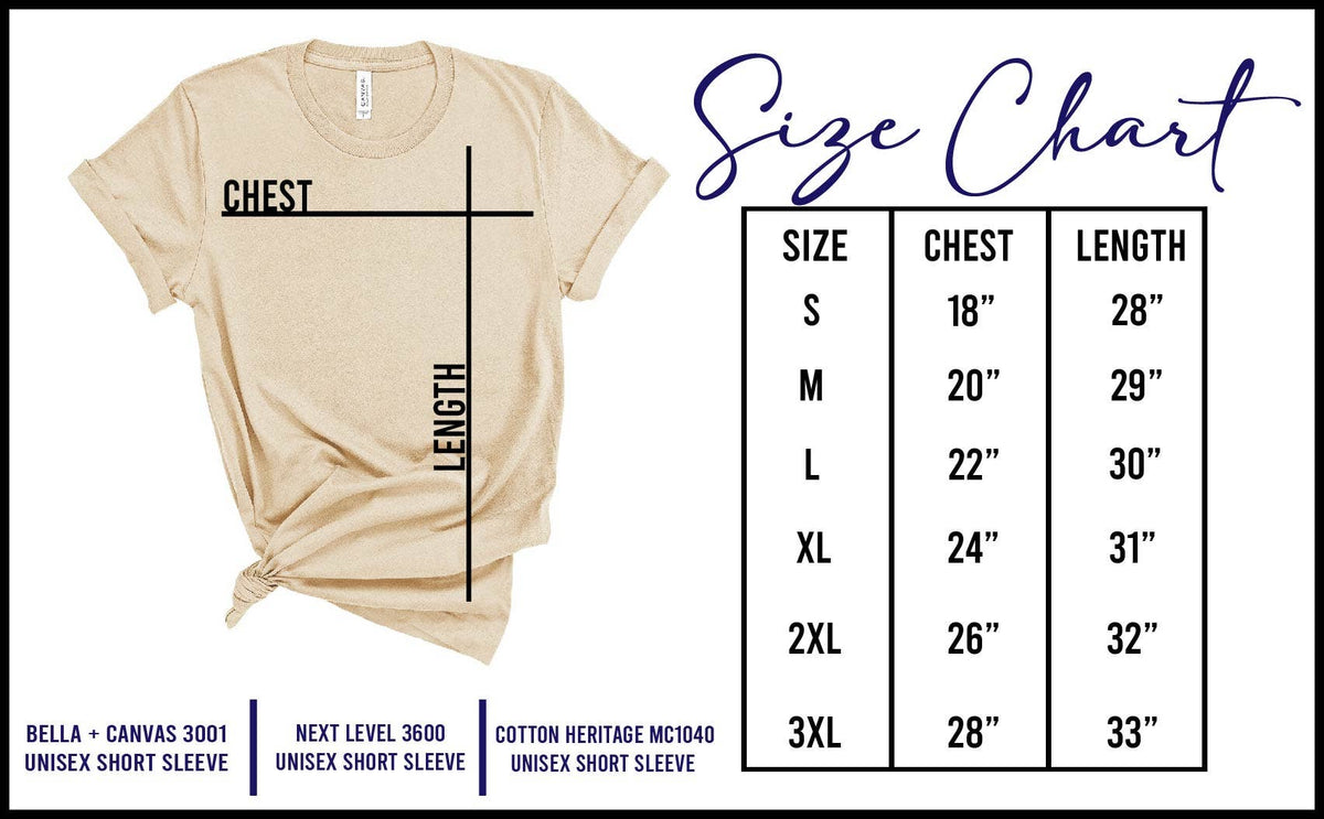 Beige t-shirt with size chart on a white background