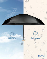 Black umbrella with UPF50+ and rainproof features on a split background of sunny and rainy conditions, featuring the brand TUTU.