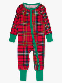 A baby's long-sleeve footless zip-up sleeper in a red and green tartan plaid pattern, featuring solid green cuffs and a green zipper.
