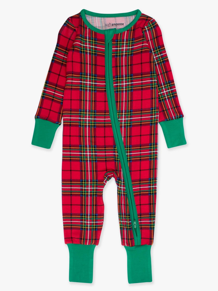 A baby's long-sleeve footless zip-up sleeper in a red and green tartan plaid pattern, featuring solid green cuffs and a green zipper.