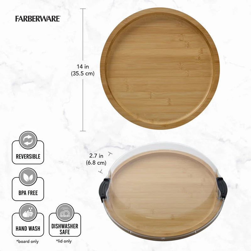 Farberware 14 in. Round Build-a-Board Round Bamboo Charcuterie Board with White Handles