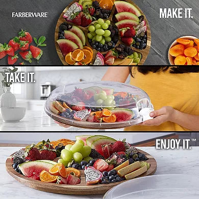 Farberware Build-a-Board 14" Acacia Lazy Susan Charcuterie Board with Clear Locking Lid