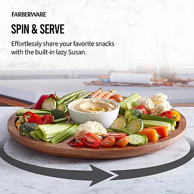 Farberware Build-a-Board 14" Acacia Lazy Susan Charcuterie Board with Clear Locking Lid