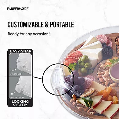 Farberware Build-a-Board 14" Acacia Lazy Susan Charcuterie Board with Clear Locking Lid