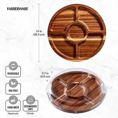 Farberware Build-a-Board 14" Acacia Lazy Susan Charcuterie Board with Clear Locking Lid