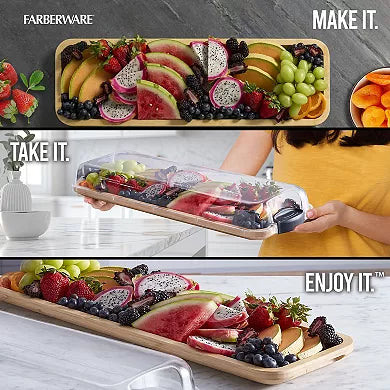 Farberware Build-a-Board 7 in. x 22in. Rectangle Bamboo Charcuterie Board with Lid