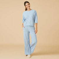 Heather Sky Blue - Terry Cropped Sleeve Crew Neck With Wide Pant Leg