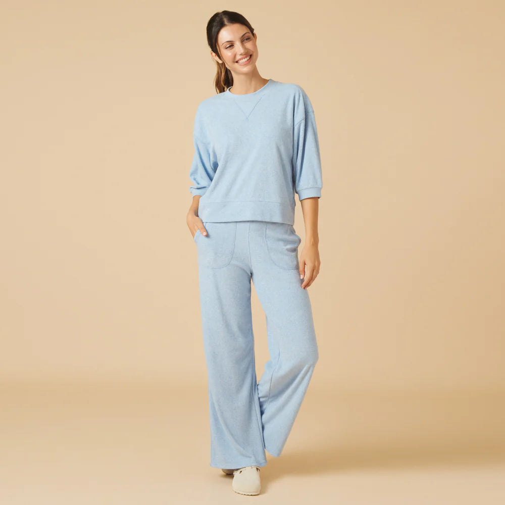 Heather Sky Blue - Terry Cropped Sleeve Crew Neck With Wide Pant Leg