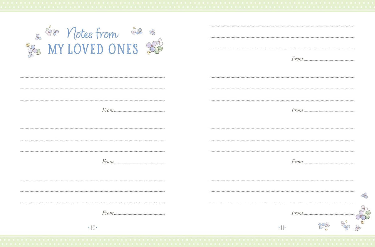 A double-sided writing card set with a white background, featuring the title 'Notes from MY LOVED ONES' in blue script and floral illustrations. The cards have light green patterned borders at the top and bottom, with multiple lines for writing 'From.