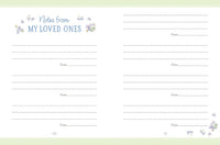 A double-sided writing card set with a white background, featuring the title 'Notes from MY LOVED ONES' in blue script and floral illustrations. The cards have light green patterned borders at the top and bottom, with multiple lines for writing 'From.