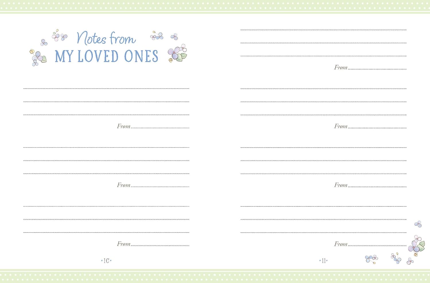 A double-sided writing card set with a white background, featuring the title 'Notes from MY LOVED ONES' in blue script and floral illustrations. The cards have light green patterned borders at the top and bottom, with multiple lines for writing 'From.