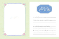 A printable first Holy Communion reflection card set featuring a left panel with a decorative pastel border and a right panel with fill-in lines under the heading 'About My Special Day'.