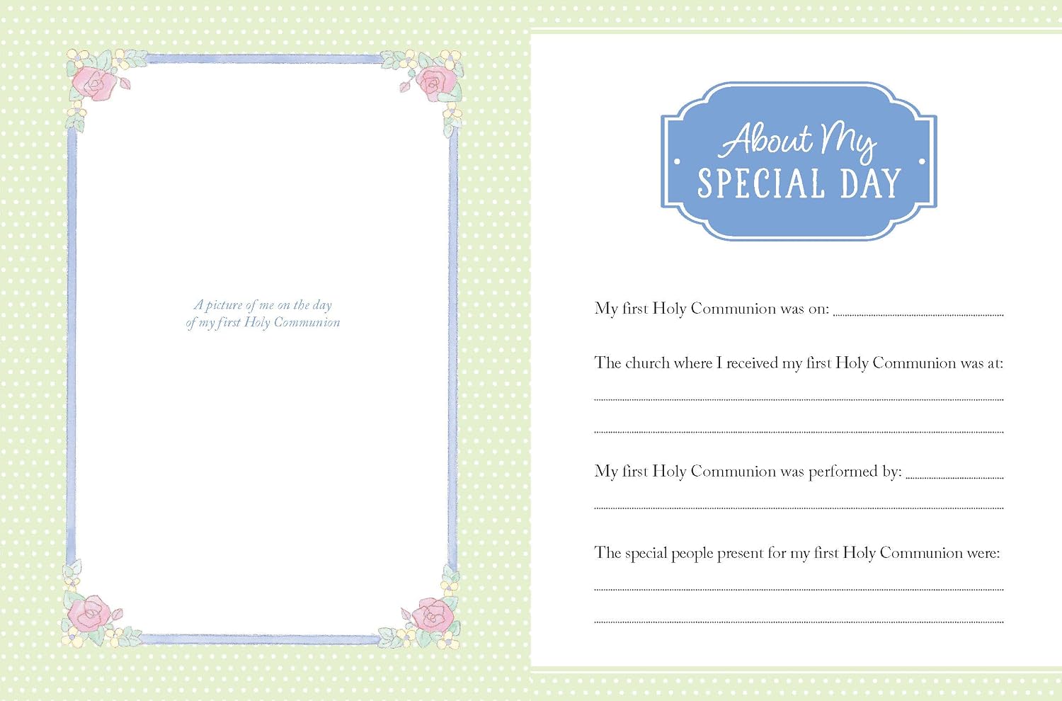 A printable first Holy Communion reflection card set featuring a left panel with a decorative pastel border and a right panel with fill-in lines under the heading 'About My Special Day'.