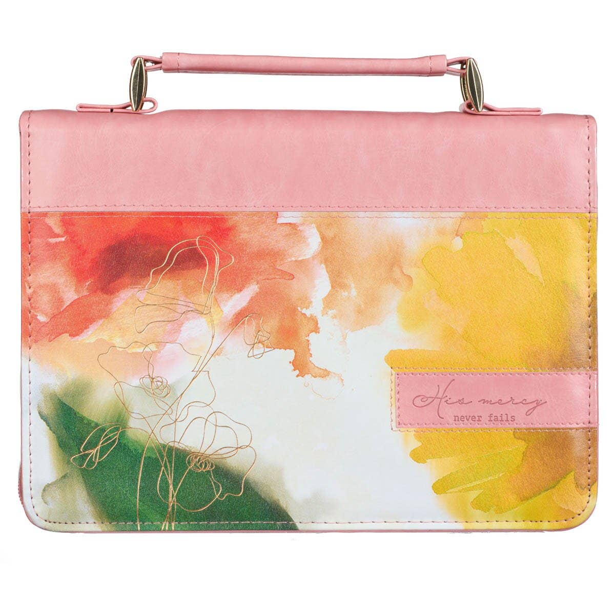 Floral design handbag with 'His mercy never fails' text on a white background
