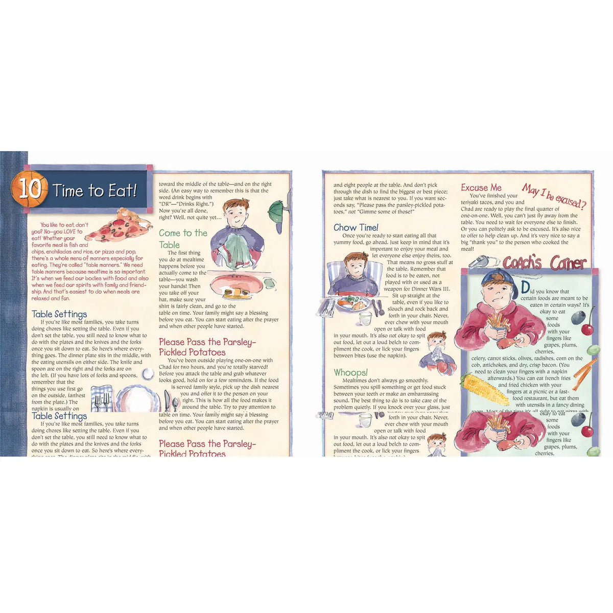 Educational book page with illustrations and text on a white background