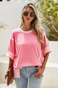 Half Sleeve Raw Seam High Low Side Split Top: Peach Blossom