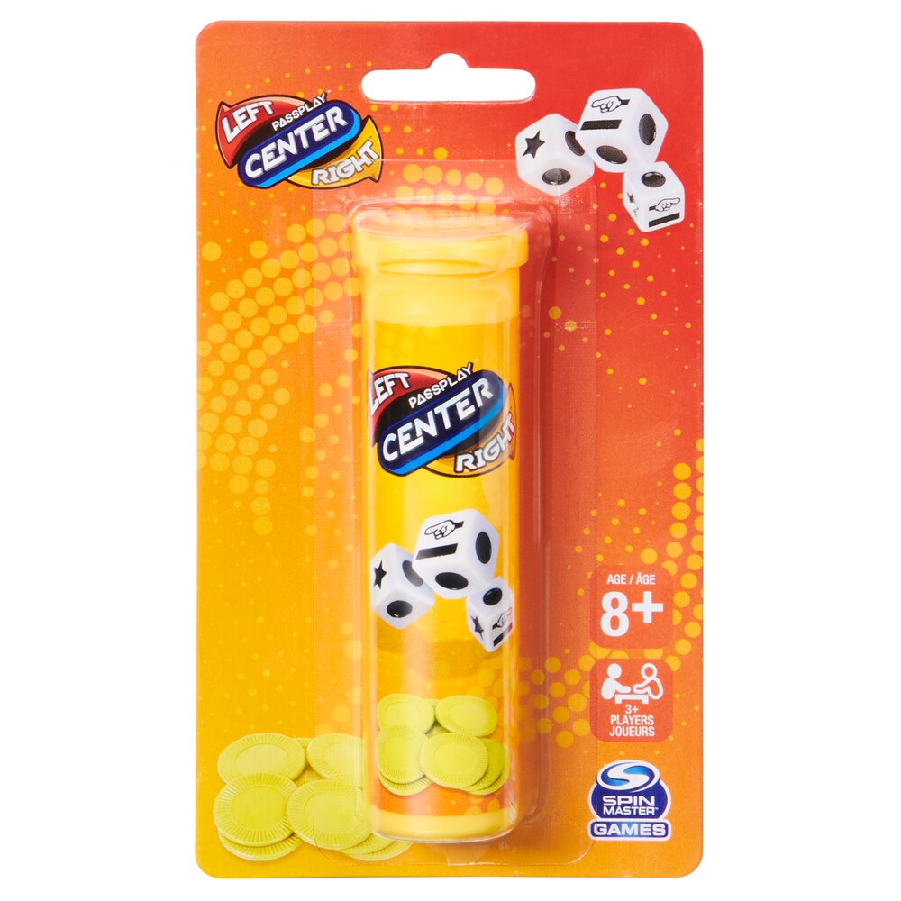 Yellow toy with dice and confetti in packaging on a white background