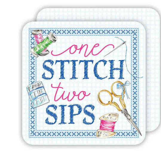 One Stitch Two Sips Blue Needlepoint Border Die-Cut Coaster