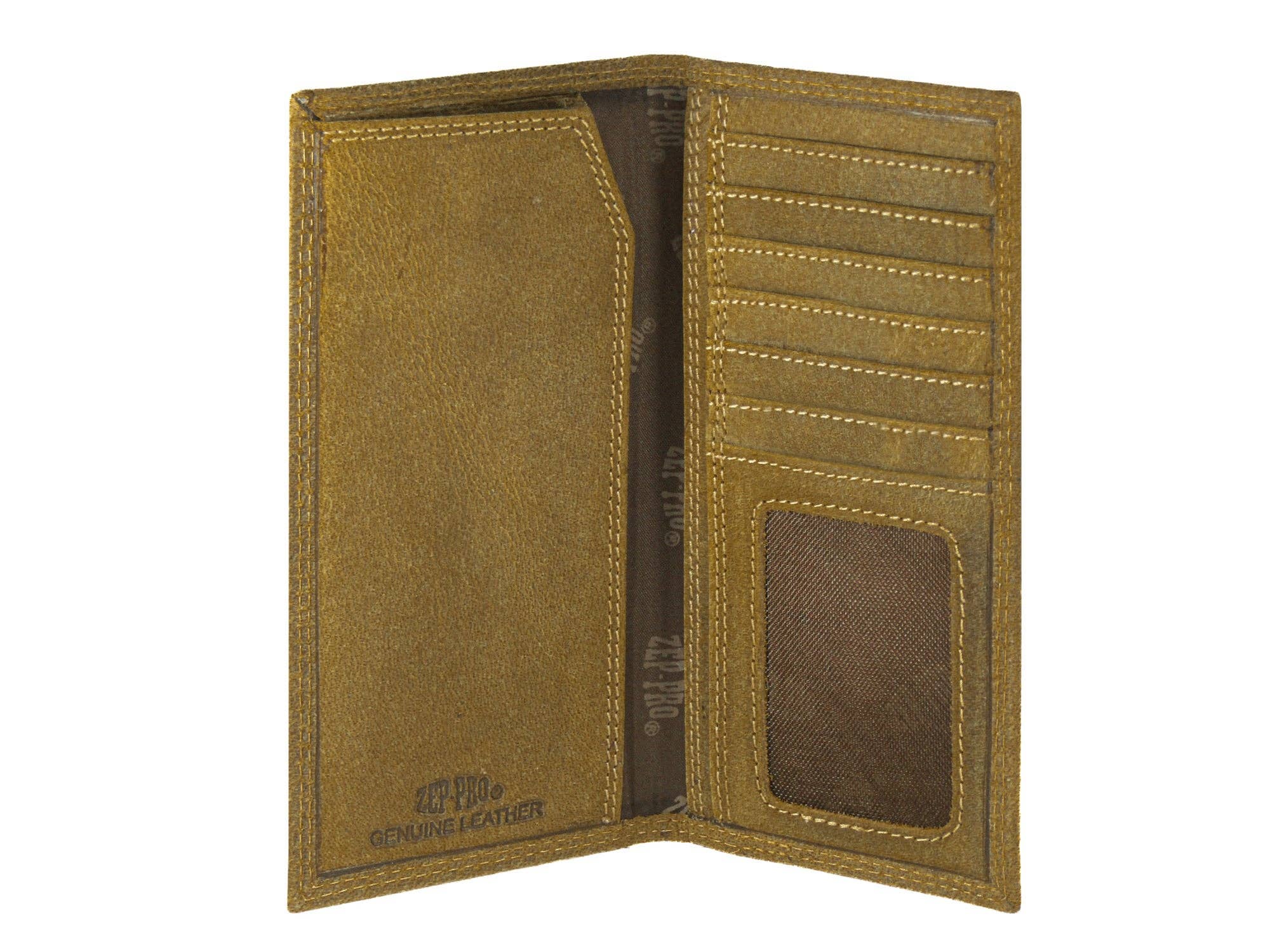 Brown leather wallet with multiple card slots on a white background