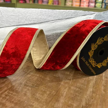 Red Velvet Double Fused Metallic Dupion Gold Piping Ribbon 2.5x10 Yd