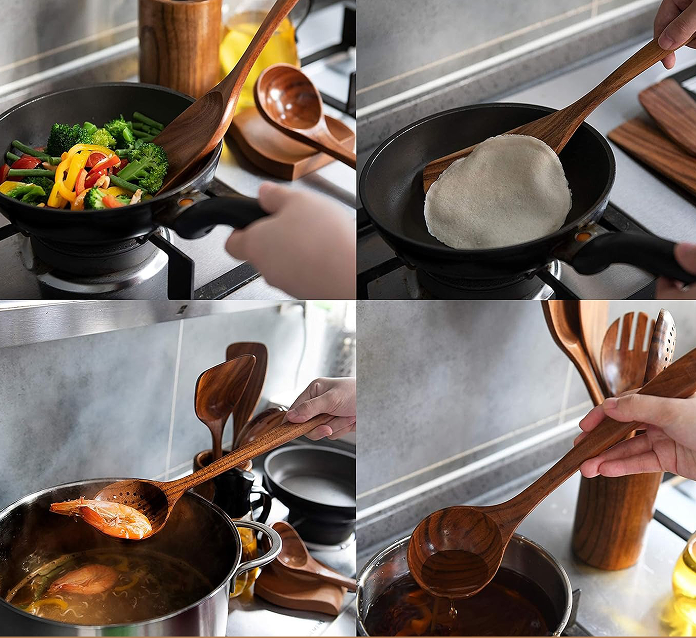 12 pcs Wooden Utensils Set with Holder, Spoon Rest & Hooks