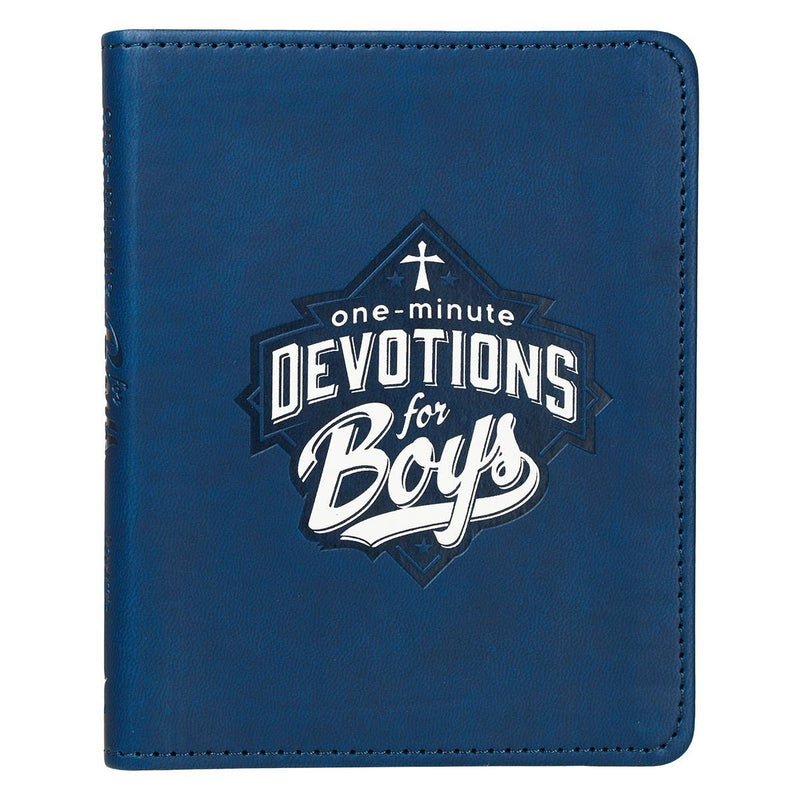 Blue book cover with 'one-minute Devotions for Boys' text and logo on a white background