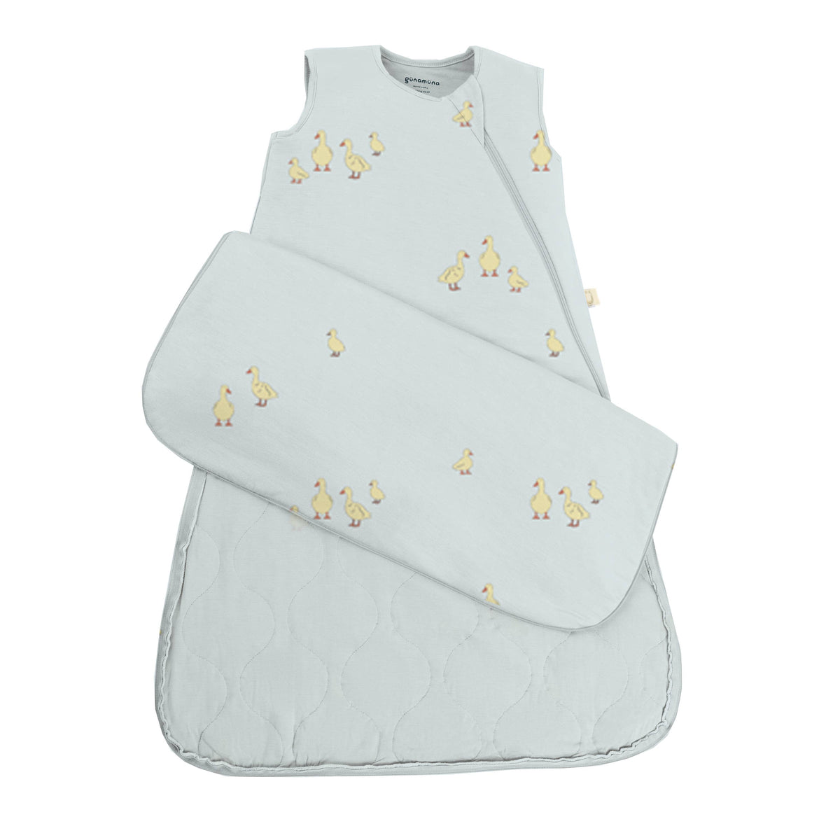 Light blue baby wrap with duck pattern on a white background