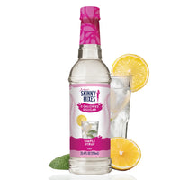 Skinny Mixes simple syrup bottle with lemon slices on a white background