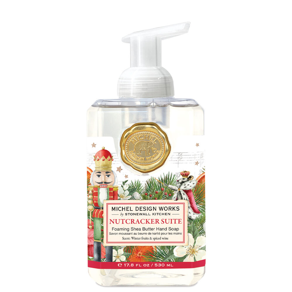 Foaming hand soap bottle with Nutcracker Suite design on a white background