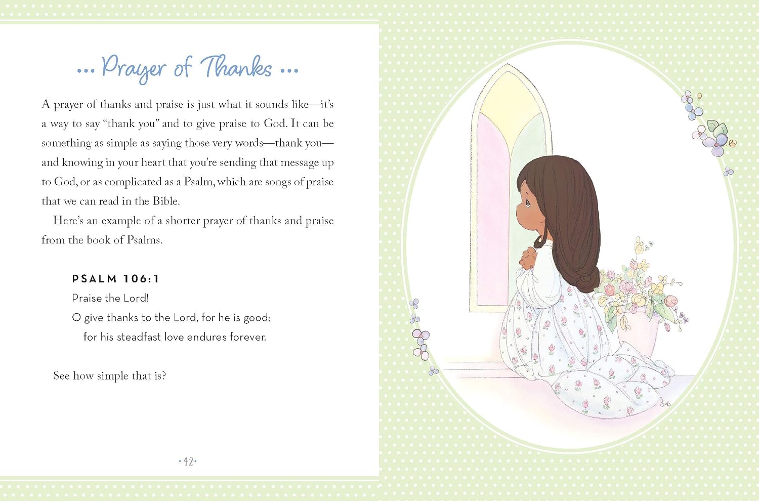 A prayer card or booklet page with a left column titled 'Prayer of Thanks' containing text about gratitude and a Bible verse, alongside a right-side illustration of a young girl in a white dress praying by a window with flowers.