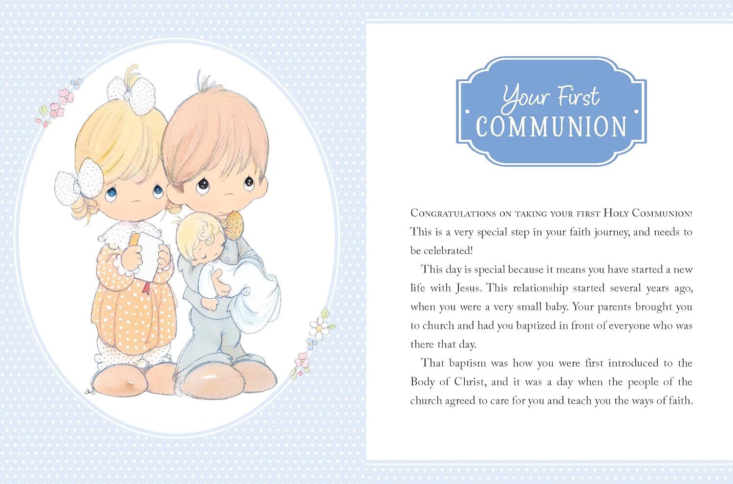 A baby first communion card featuring a cute cartoon illustration of a blonde girl and a pink-haired boy holding a baby doll, alongside printed text that reads 'Your First COMMUNION' and a congratulatory message.