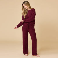 Waffle Knit Marshmallow Boatneck Lounge Set-Cherry Cola