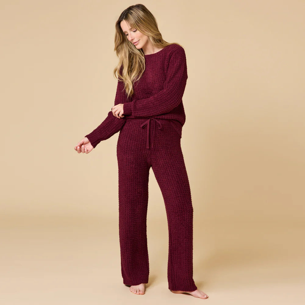Waffle Knit Marshmallow Boatneck Lounge Set-Cherry Cola