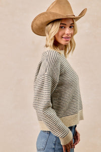 Two Tone Striped Sweater Top-Charcoal