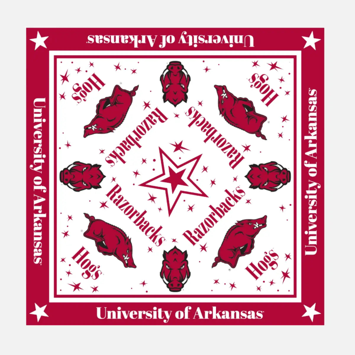 A square University of Arkansas themed bandana design featuring the team name 'Razorbacks' and mascot 'Hog' in red text, red Razorback horse illustrations, and a large red star in the center on a white background with a red border.