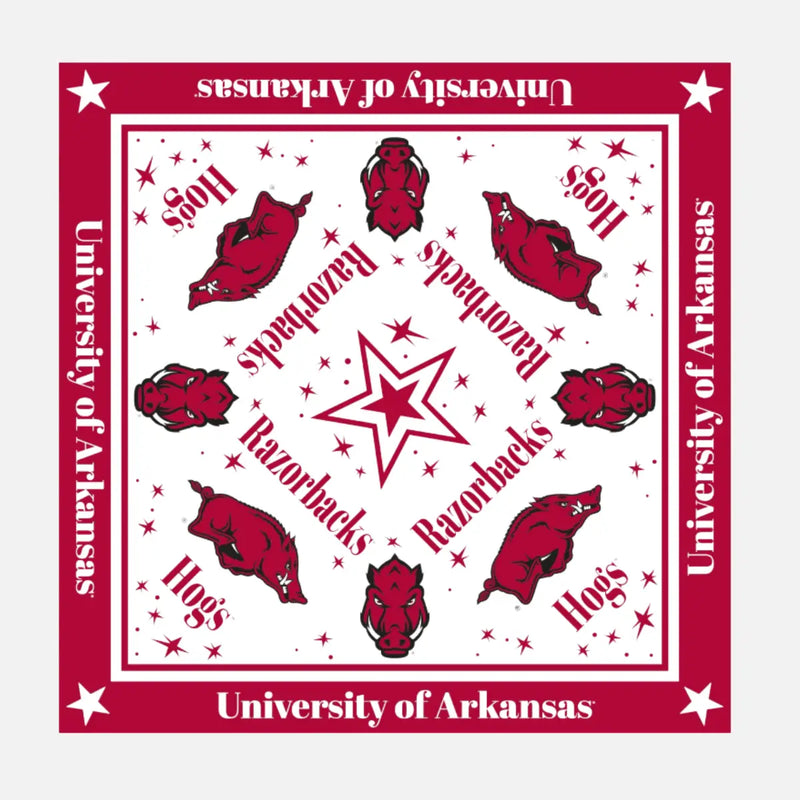 A square University of Arkansas themed bandana design featuring the team name 'Razorbacks' and mascot 'Hog' in red text, red Razorback horse illustrations, and a large red star in the center on a white background with a red border.