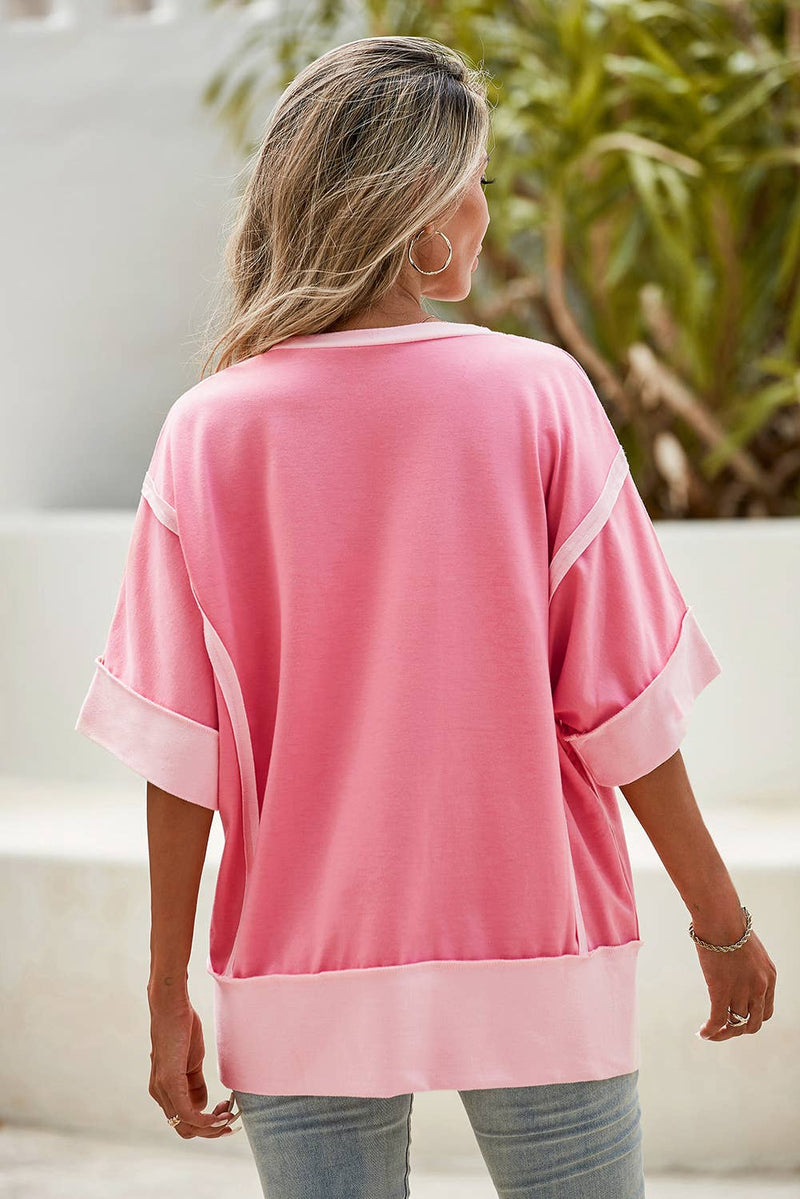 Half Sleeve Raw Seam High Low Side Split Top: Peach Blossom