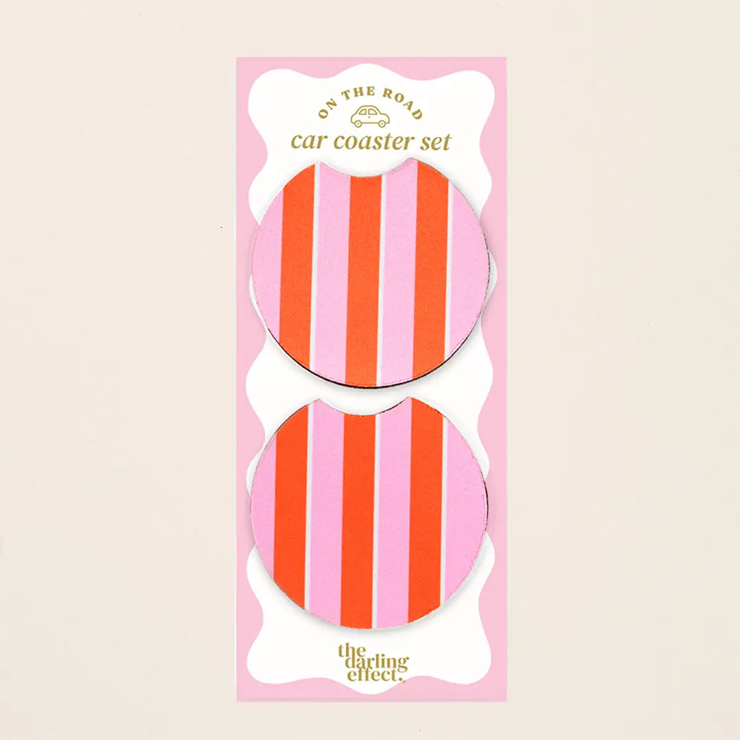 On the Road Car Coaster Set–Sicily Stripes- Pink