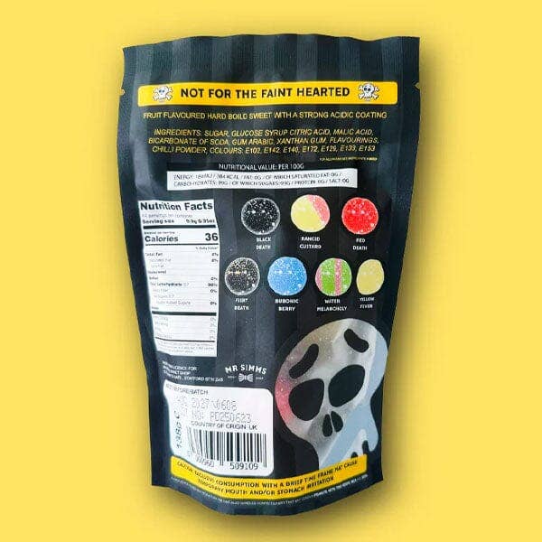 Black packaging with colorful elements on a yellow background