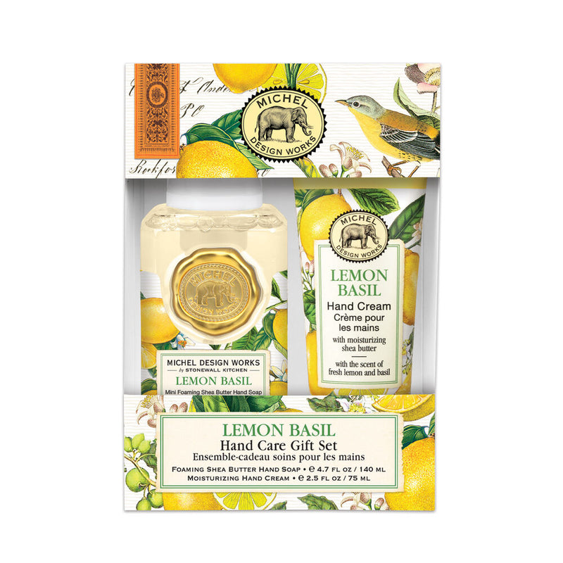 Michel Design Works Lemon Basil hand care gift set with cream and soap on a white background