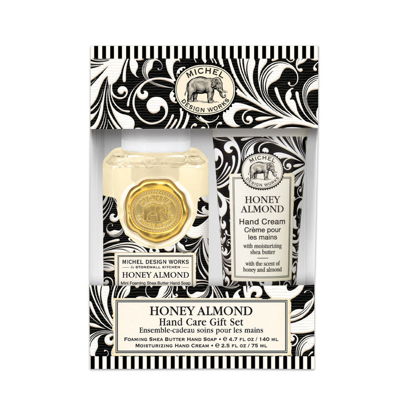 Honey Almond hand care gift set with black and white packaging