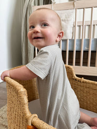 Child wearing Blue Stripe Short Sleeved Outfit